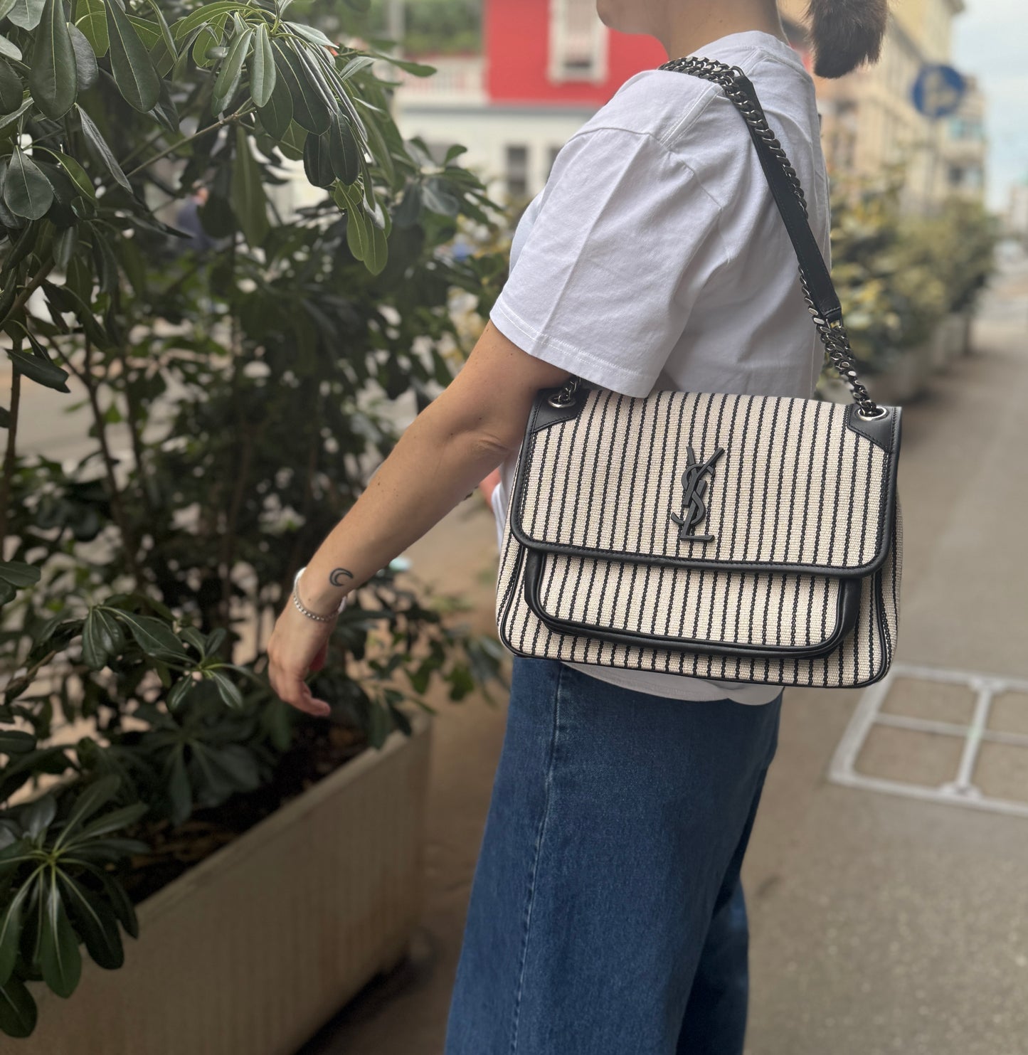 SAINT LAURENT NIKI BAG IN COTONE CON STRISCE
