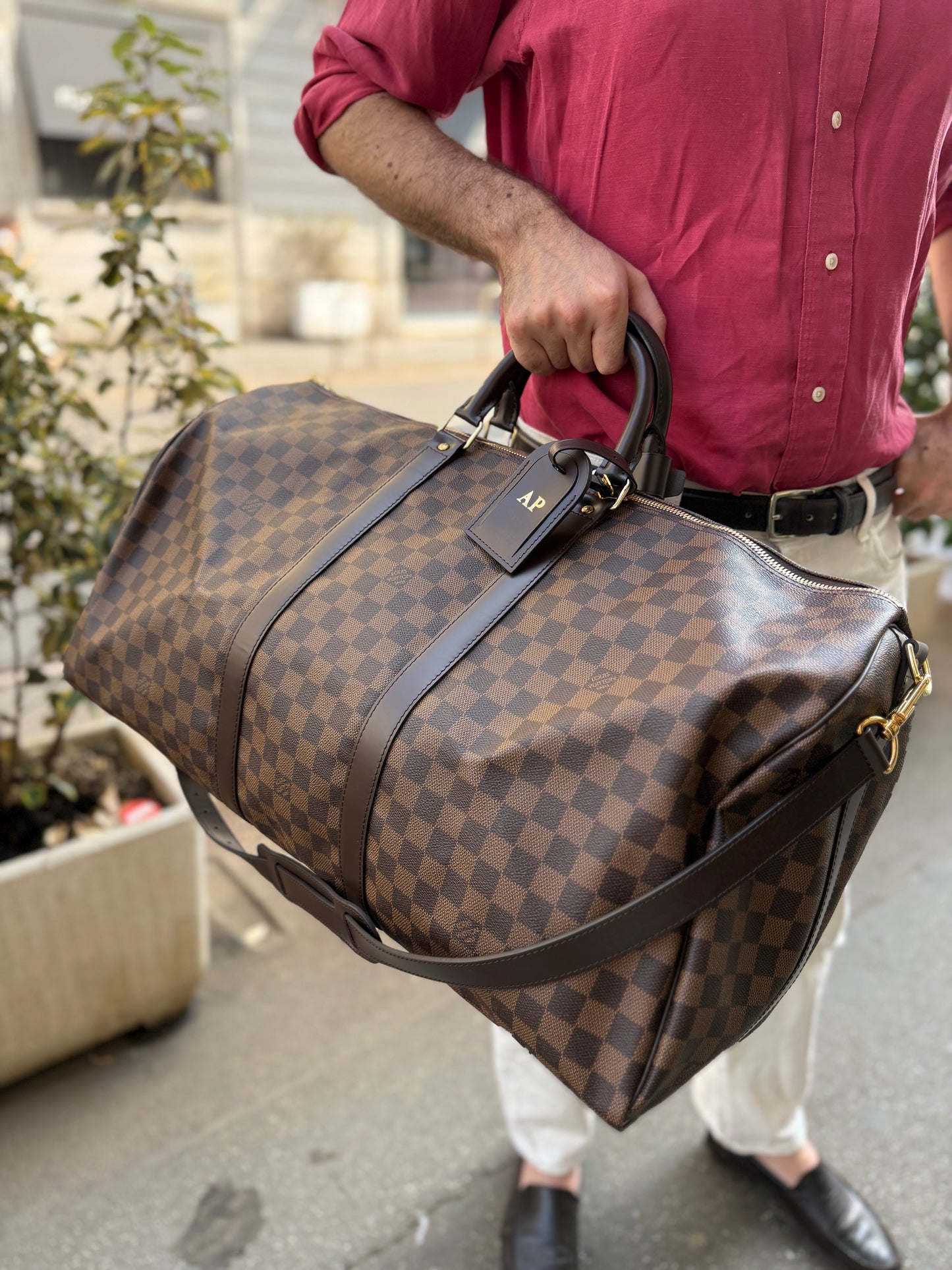 Borsone Louis Vuitton Keepall bandoulière damier ébène misura 55